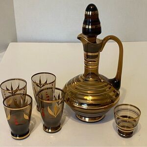 Vintage Brown/Amber Glass/Gold Accents Decanter/5 Cordial Glasses